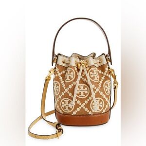 Tory Burch Mini T Monogram Embroidered Raffia Bucket Bag in Aged Camello Mix